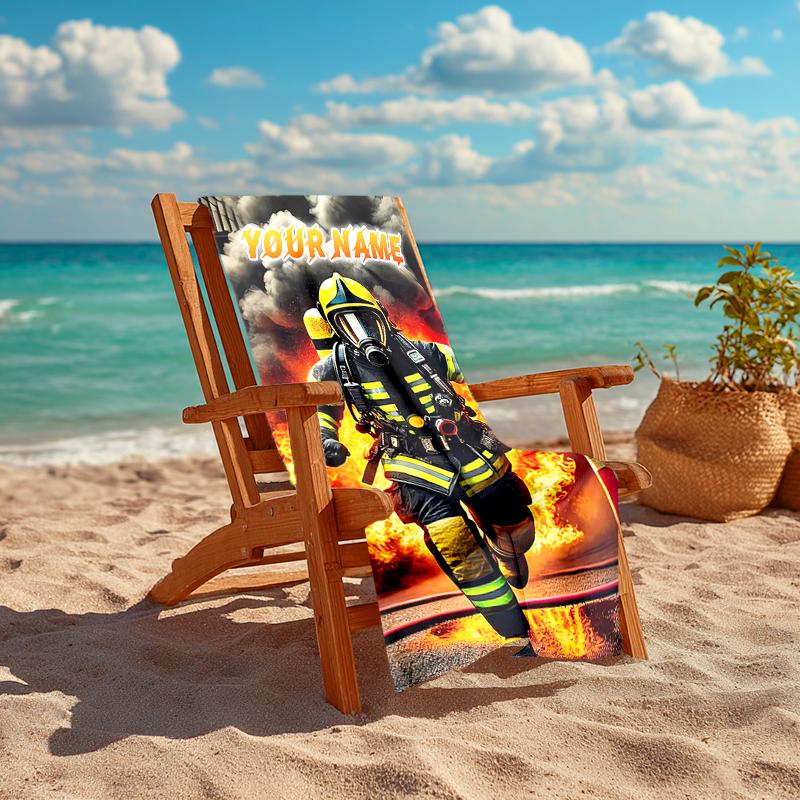 1PC Custom Name Firefighter Bravery Flames Beach Towel Highly Absorbent And Sand-Resistant Towel for Swimming, Pool, Yoga, And Travel Lightweight