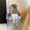 Cute Bowknot Woven Straw Handbag Beach Ruffle Lace Pearl Chain Crossbody Bag