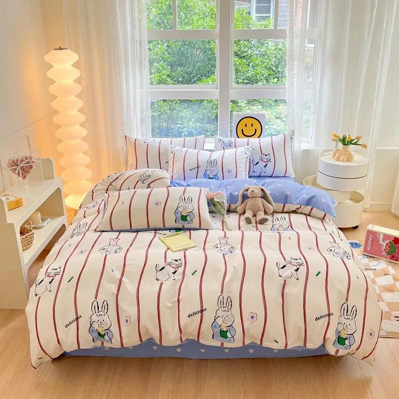 Комплект постельного белья из 3 предметов с цветными цветами в мультяшном стиле из 100% хлопка, мягкий и приятный на ощупь, с 2 наволочками