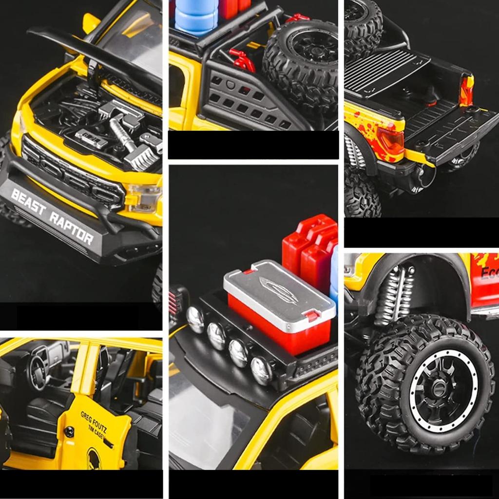 1/28 Scale Ford Raptor F150 6X6 Pickup Truck Diecast Car Model Toy, Pull Back Toy Vehicle with Sound and Light for Kids Toddler Gift Collection