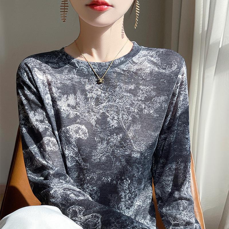 Women S Long Sleeve Pullover T Shirt Abstract Ink Print Regular Fit Base Top