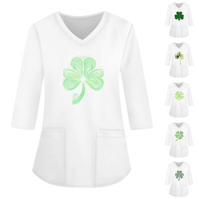 Модная женская рабочая одежда с v-образным вырезом и рукавами 3/4, свободные топы с карманами и принтом