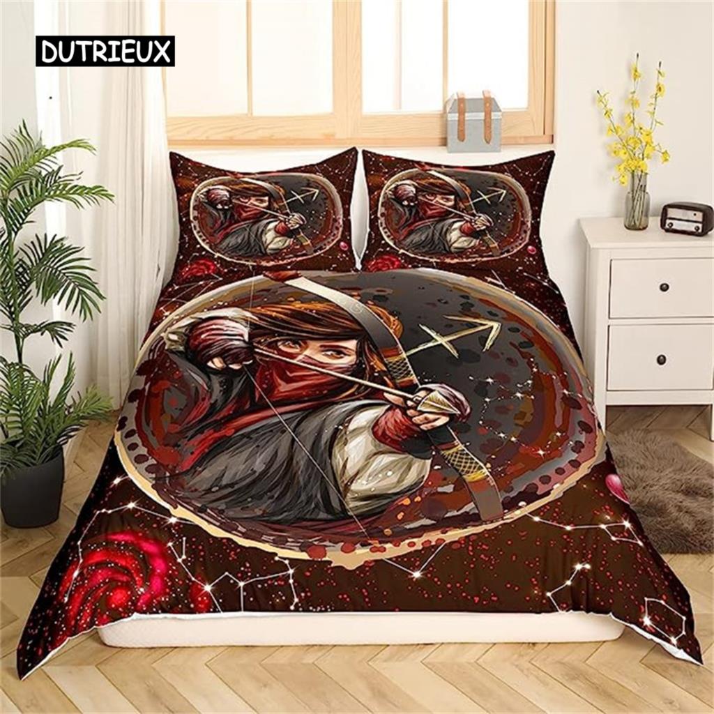 Twelve Constellation Duvet Cover Mysterious Constellation Room Decor Red Brown Galaxy Boys Girls Starry Sky Outer Space Decor