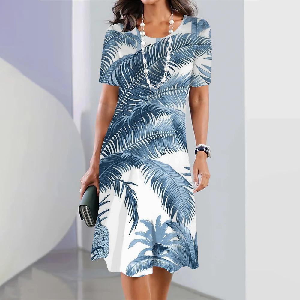 Holiday Leisure Short-sleeved Floral Printed Hawaiian Fashion Loose Swing Skirt Party Women's Sexy Bohemian Dress