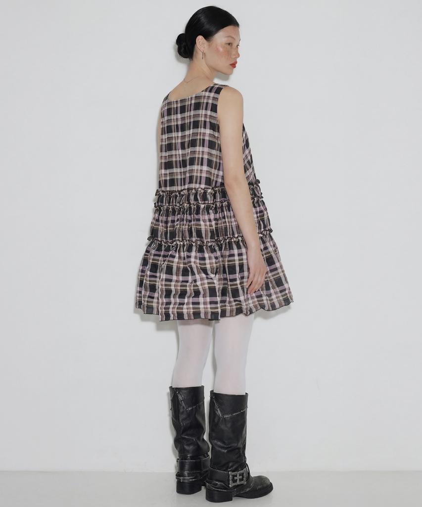 Cecese Tiered Ruffle Check Dress Black