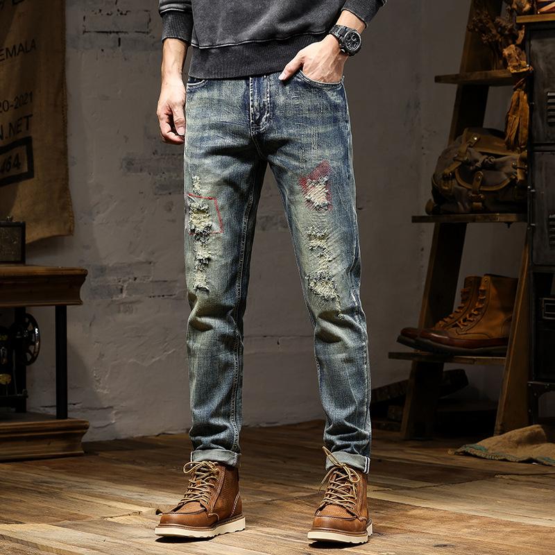 2024 европейские и американские новые ретро потертые джинсы мужские высококачественные потертые прямые штаны ностальгические эластичные джинсовые брюки