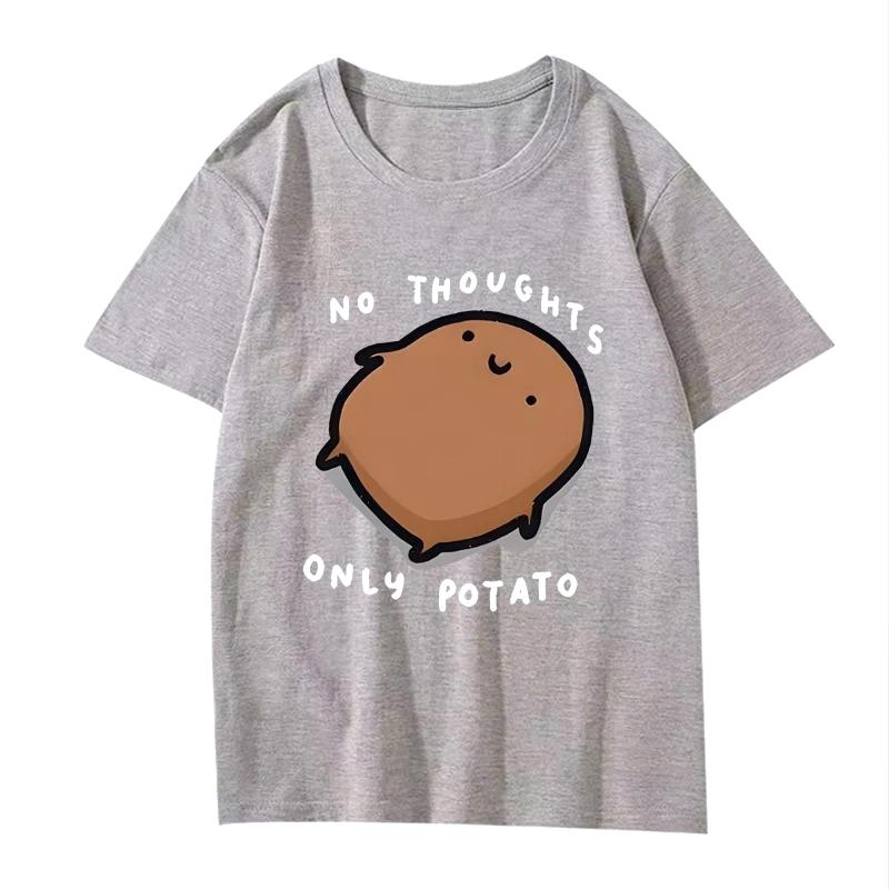 Cute Potato Pattern No Thoughts Only Potato Cartoon Printed Tshirt For Unisex Round Neck Top Short Sleeved Summer Casual Tshirt