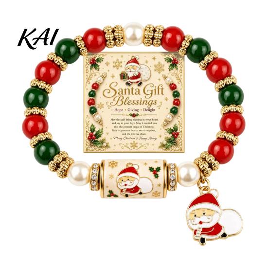 Commemorative Holiday Blessing Gift Christmas Bracelets for Women, Beaded Charm Stretch Bracelet with Stretchy Bead Girls Card, Jewelry Stocking