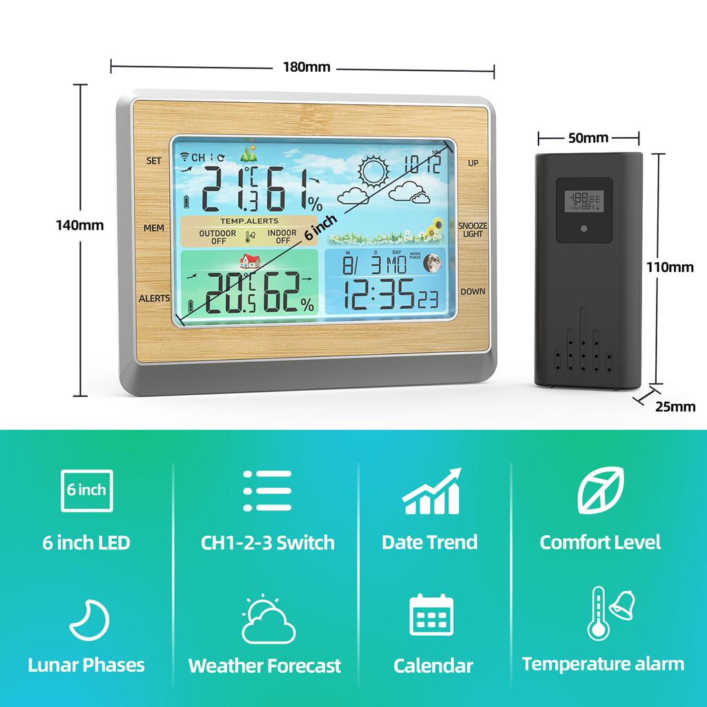 Weather Station Wireless Indoor Outdoor Thermometer 6 Inch Color LED Display Temperature Humidity