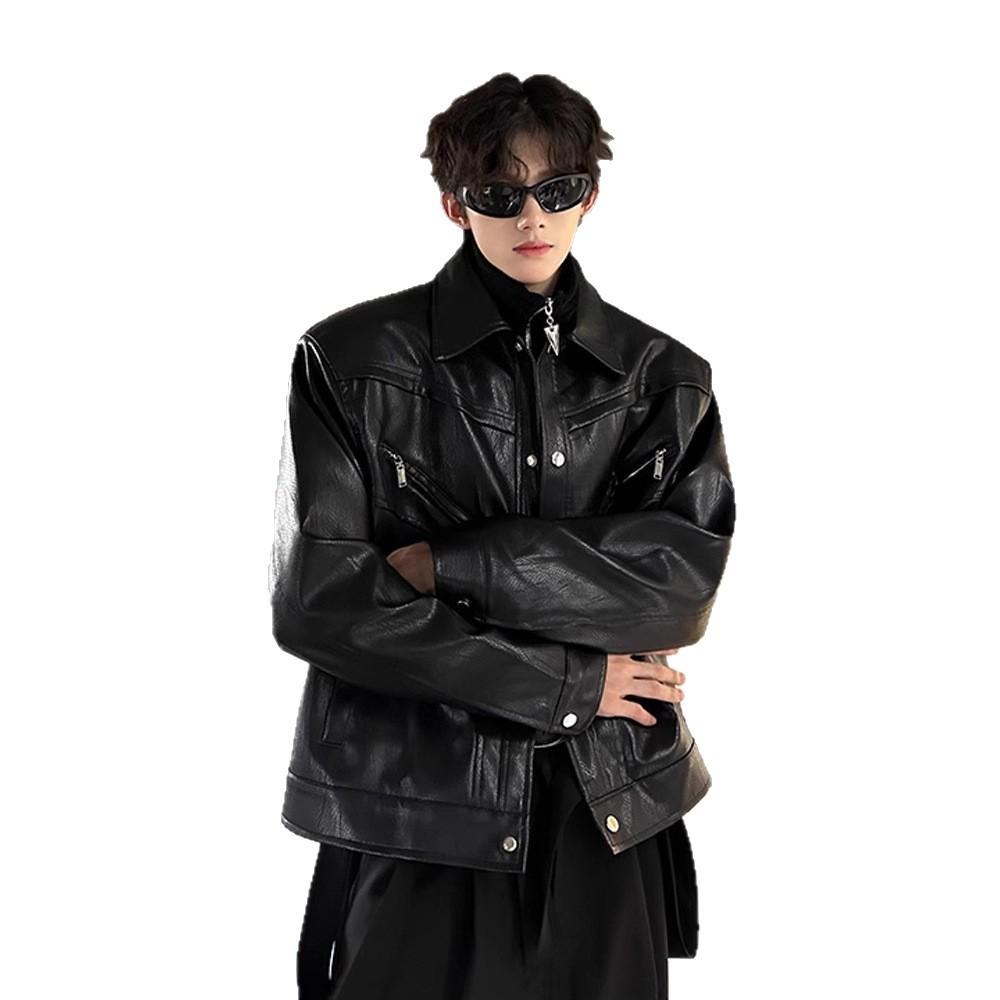 Короткая кожаная куртка с подплечниками, мужская, модный бренд, хулиганская, красивая, высококлассная одежда для мотоциклистов, cleanfit, американская куртка-бомбер