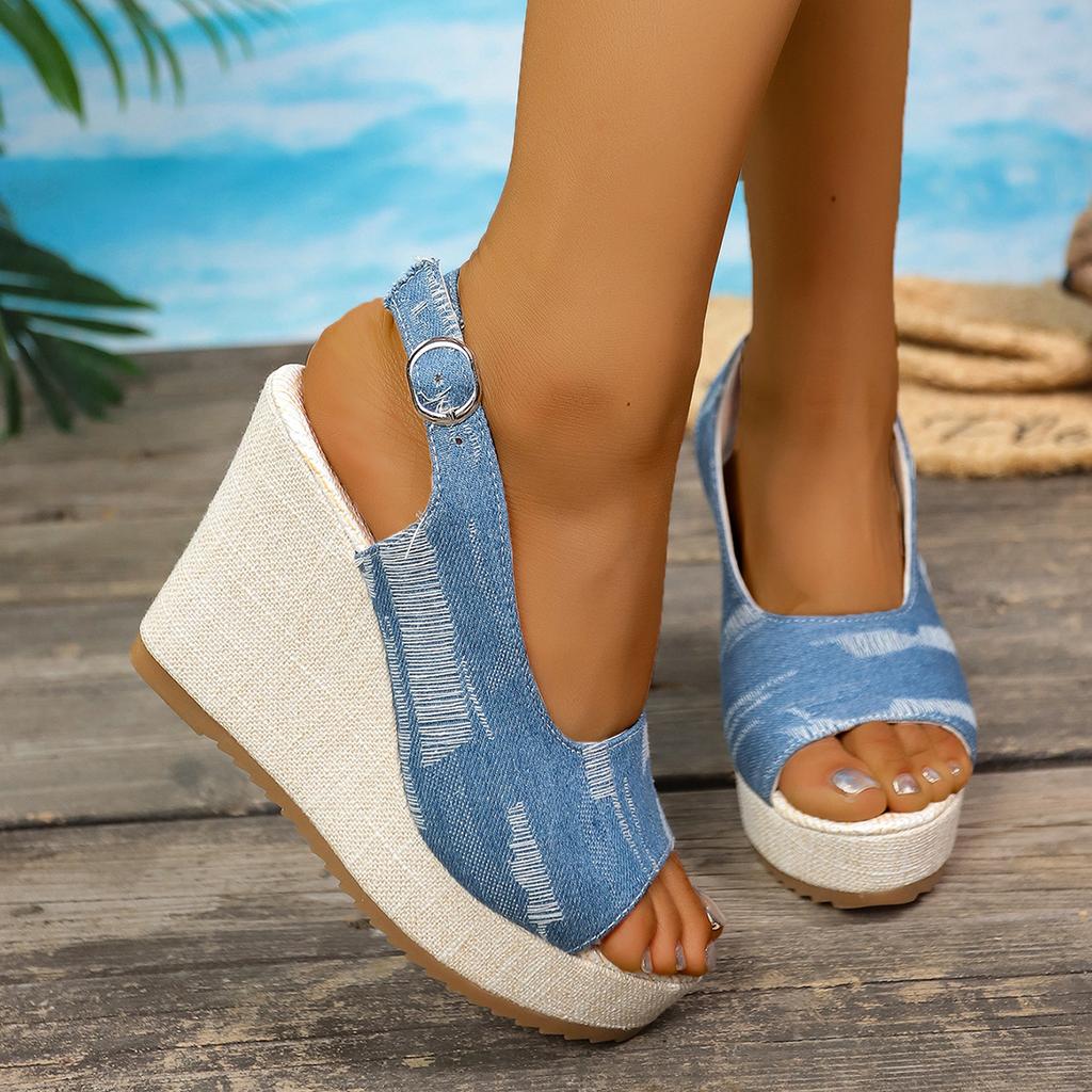 Yuzui European and American muffin 2025 slope heel sandals 2025 summer new platform foreign trade large size high heel sandals women