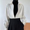 Women's Retro Hong Kong Style V-Neck Layered White Shirt & Corduroy Jacket - Long-Sleeved, Spring-Autumn Fashion.