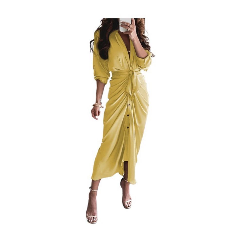 BITCED Женские летние платья с длинным рукавом и v-образным вырезом и пуговицами, длинные платья