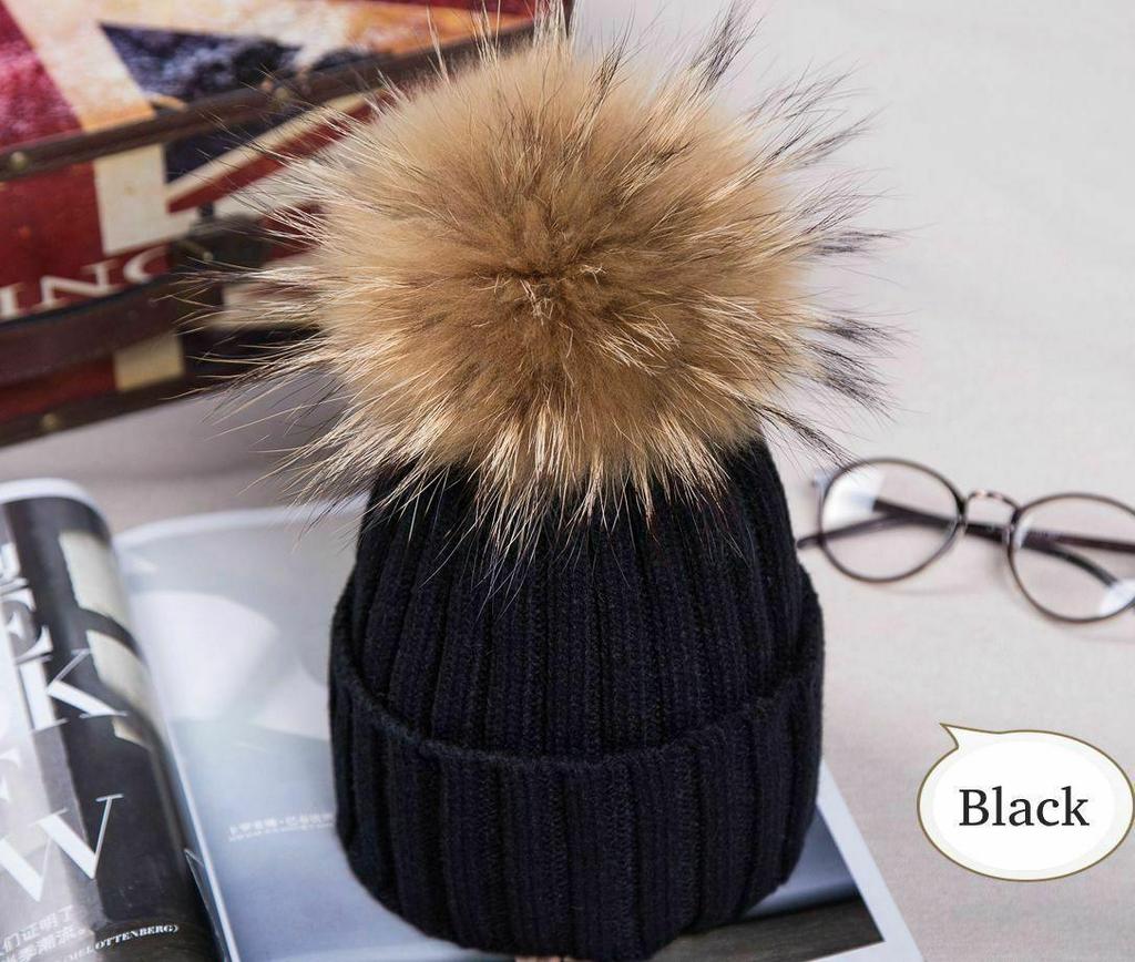 Women Winter Racoon Fur Pom Pom 16cm Ball Knit Beanie Ski Cap Bobble Hat