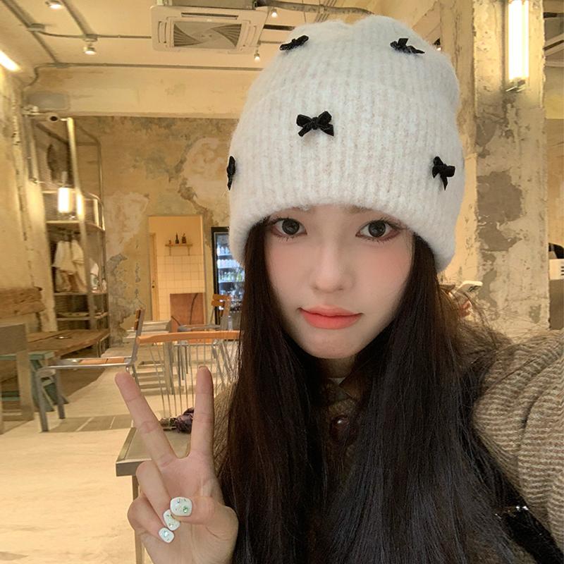 Милая и милая вязаная шерстяная шапка с бантом, детская осенне-зимняя универсальная маленькая утолщенная теплая холодная шапка