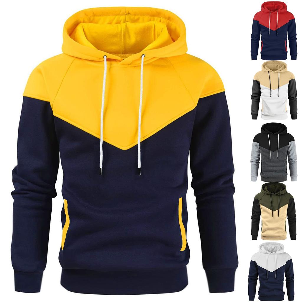 Mens Casual Hoodies Patchwork Drawstring Long Sleeve Sweatshirt Lightweight Winter Fall Fleece Top With Hood