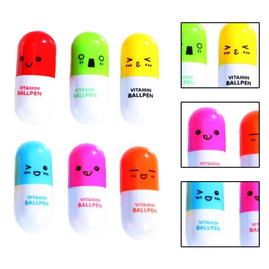 6 Pcs Cute Smiling Face Pill Ball Point Pen Telescopic Vitamin Capsule Ballpen