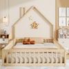 House bed, 140 x 190 cm, children's bed with chimney shape, bed with slatted frame (without mattress), pine wood, minimalist style, natural