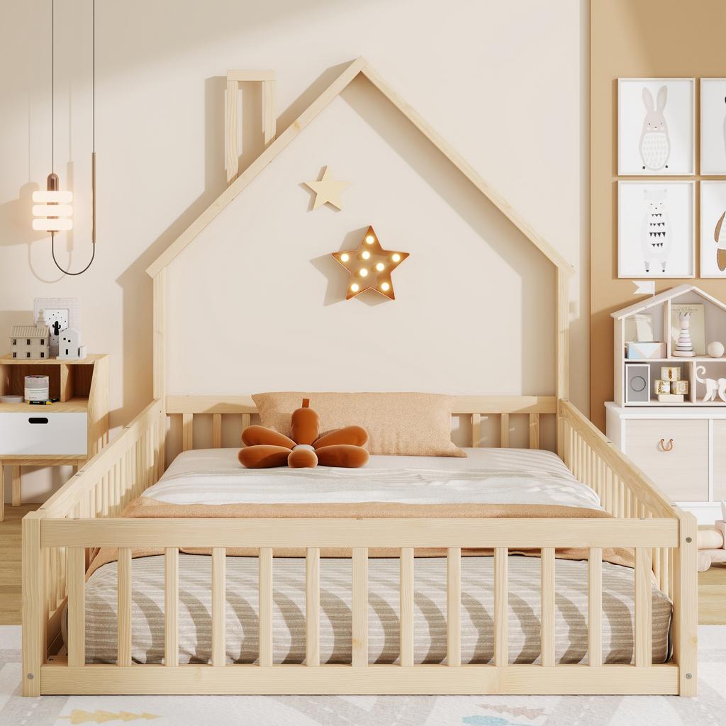 House bed, 140 x 190 cm, children's bed with chimney shape, bed with slatted frame (without mattress), pine wood, minimalist style, natural