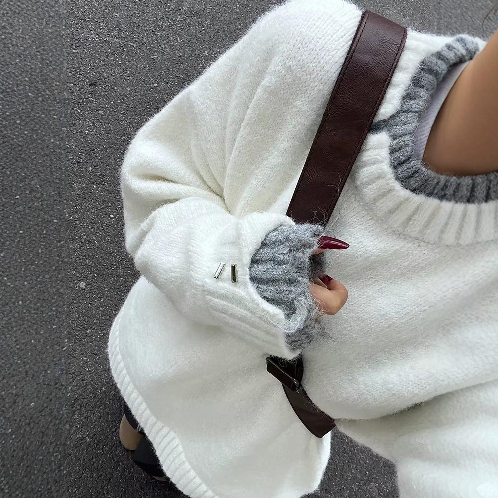 Женский зимний состаренный пуловер оверсайз два в одном с круглым вырезом и длинными рукавами