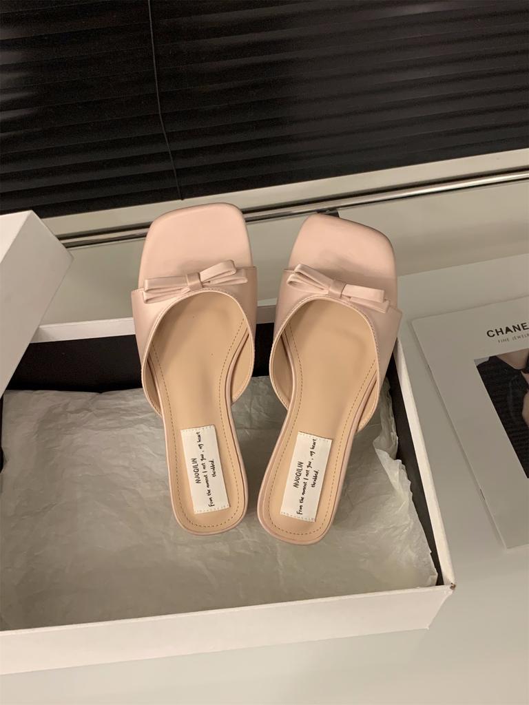 Thick Heel Pink French Small Cool Slippers Outer Wear 2025 New Summer with Skirt Bow Sandals
