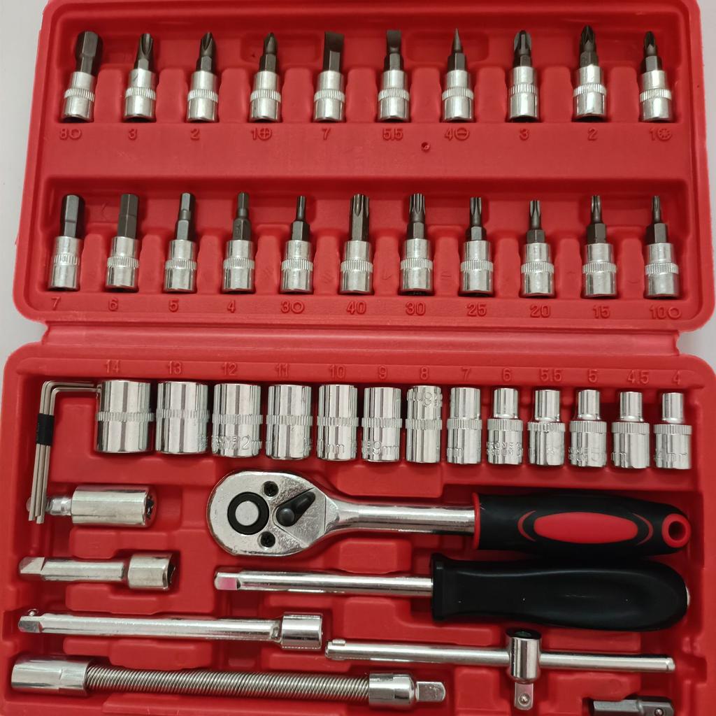 Набор инструментов из 46 предметов, включающий головки, гаечные ключи, трещотку, отвертку и шестигранные ключи, идеально подходит для ремонта дома и мотоцикла