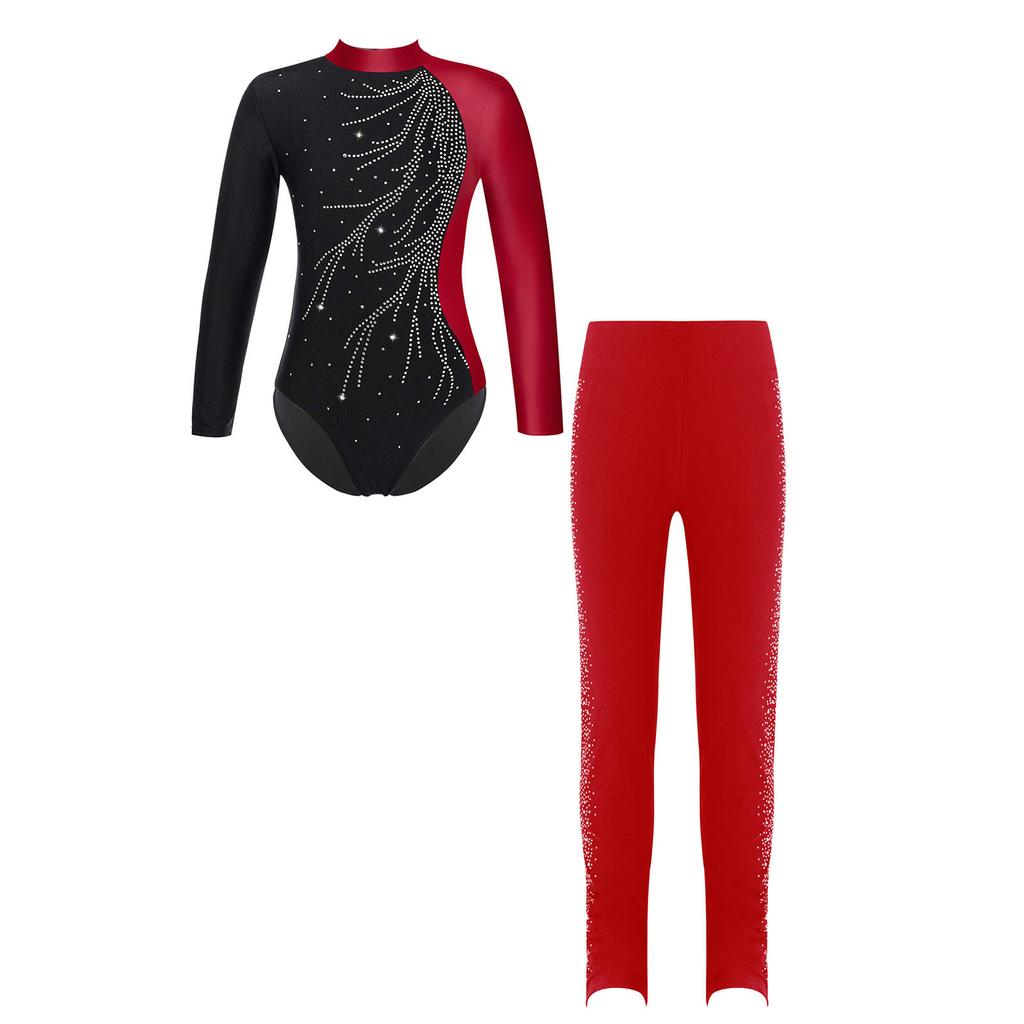 Детская одежда для девочек с длинным рукавом для балета, гимнастический купальник, танцевальный костюм для соревнований по фигурному катанию с брюками
