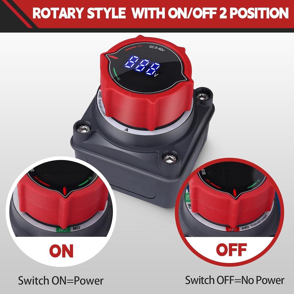 Upgrade Battery Disconnect Switch With Voltmeter, DC 5-60V Master Isolator Cut/Shut Off Switch For Marine Boat Car Truck Camper RV Trailer Vehicles