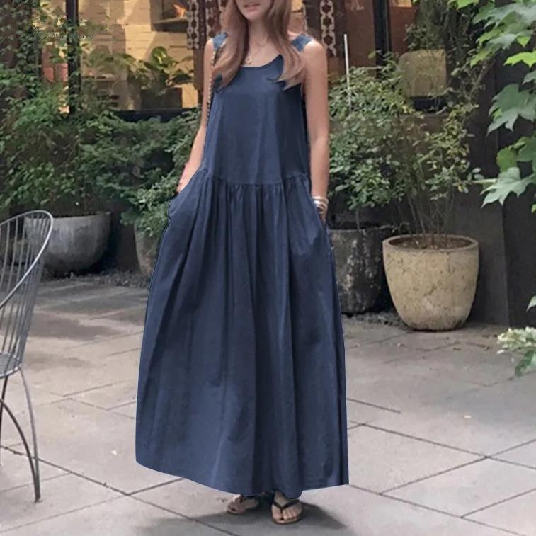 Летнее повседневное платье из хлопка и льна без рукавов с круглым вырезом, большого размера, свободное однотонное жилет, длинное свободное платье