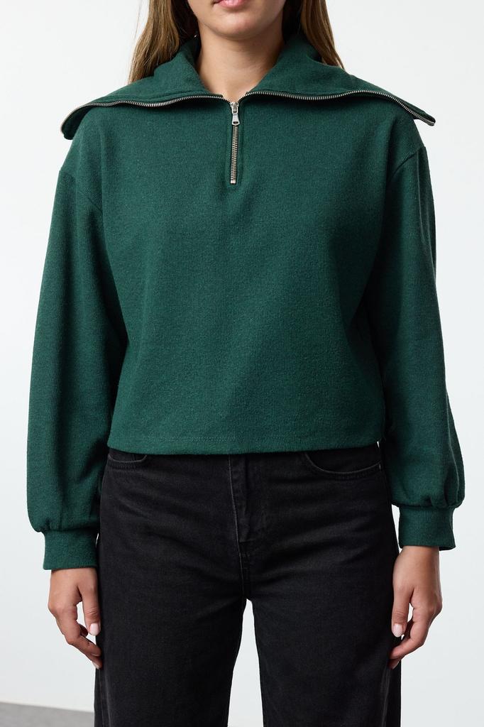 Women's Fashionable Stylish Sweatshirt Emerald Green Thessaloniki Knitwear Look Polo Neck Zippered Regular Knitted Sweatshirt