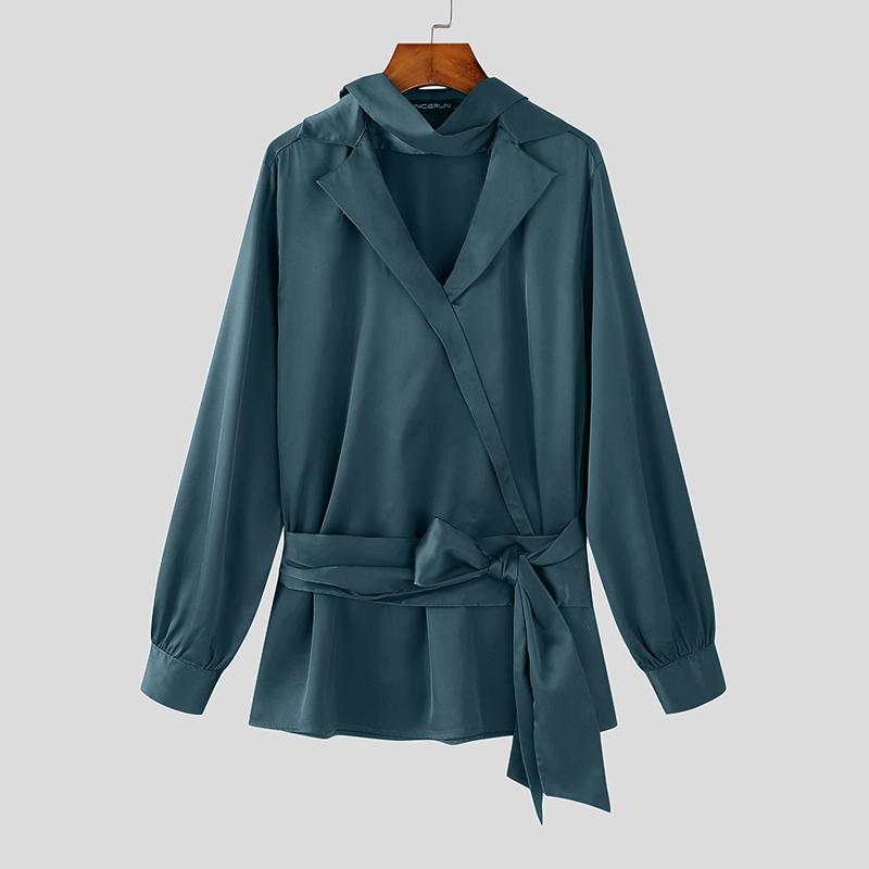 INCERUN Men V Neck Satin Shirts Solid Bandage Casual Party Tops