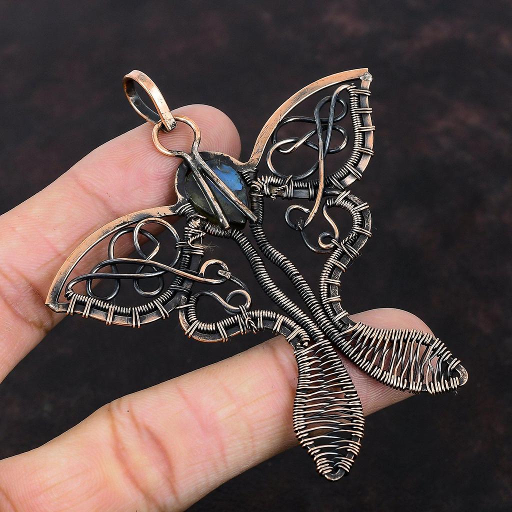 Подвеска из лабрадорита, подвеска из медной проволоки, подвеска ручной работы, медные украшения, подвеска из драгоценных камней в виде бабочки, ювелирные изделия в виде проволоки, подарок для нее