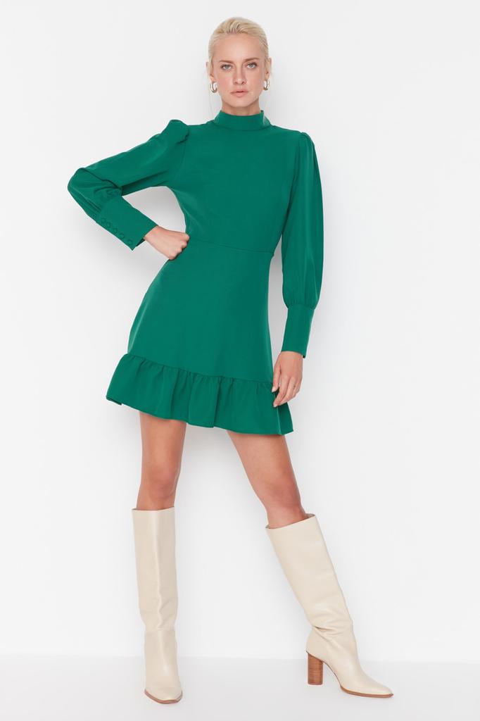 Women's Fashion New Dress Emerald Green A-Line High Collar Skirt Gathered Mini Woven Dress