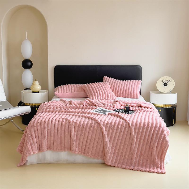 Плюшевый плед из молочного бархата с полосками однотонного цвета - Мягкая фланелевая наволочка, Доступен в односпальном и двуспальном размерах