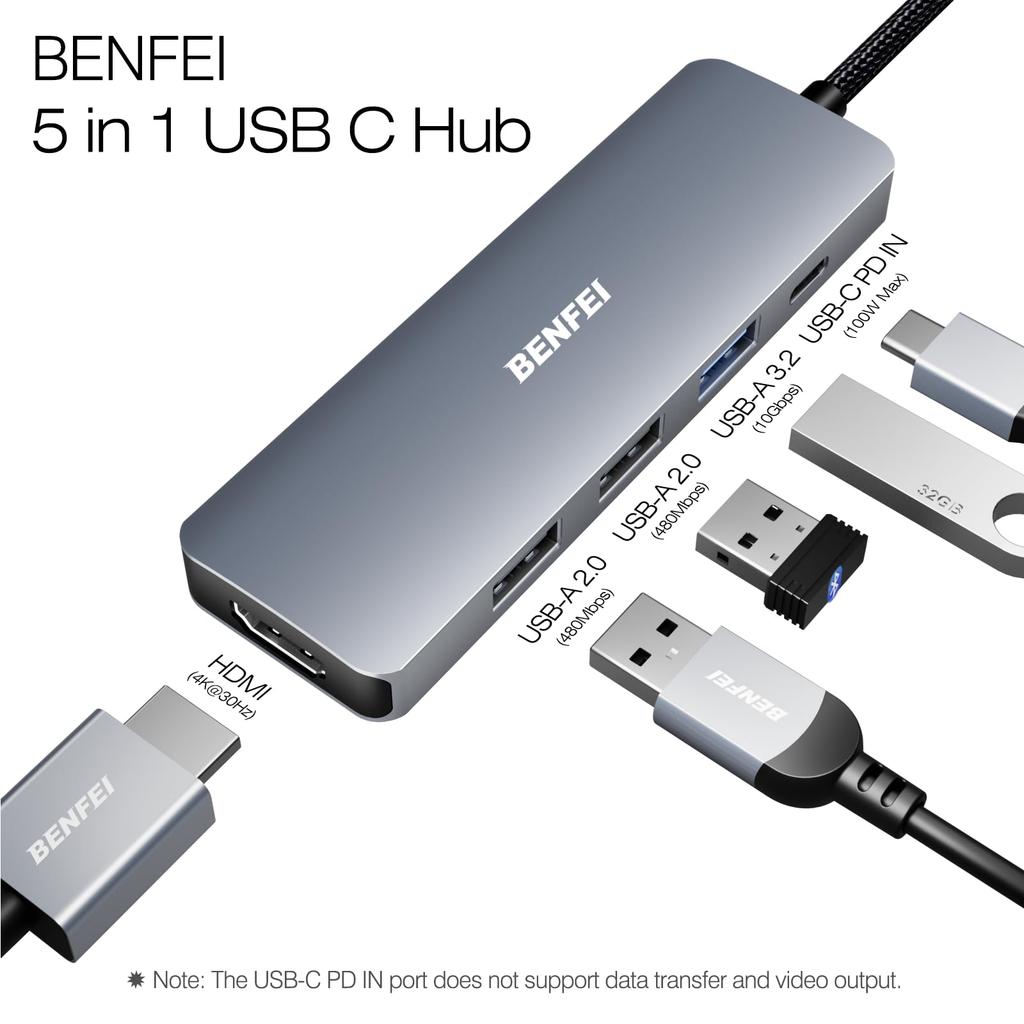 BENFEI 5in1 USB C 4K 3 100W Power Silicone and Woven Design Aluminum Compatible with MacBook iPad iPhone 15 Thinkpad Hub, HDMI, USB-A, Delivery,