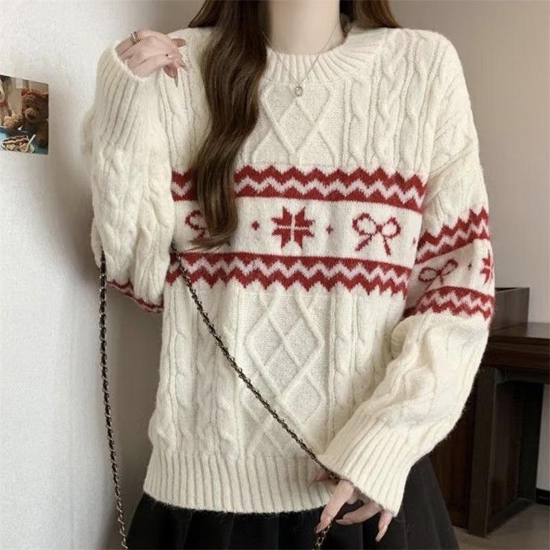 Женский ретро рождественский свитер Fair Isle из чистой шерсти - Теплый, свободный крой, жаккардовая вязка, с круглым вырезом
