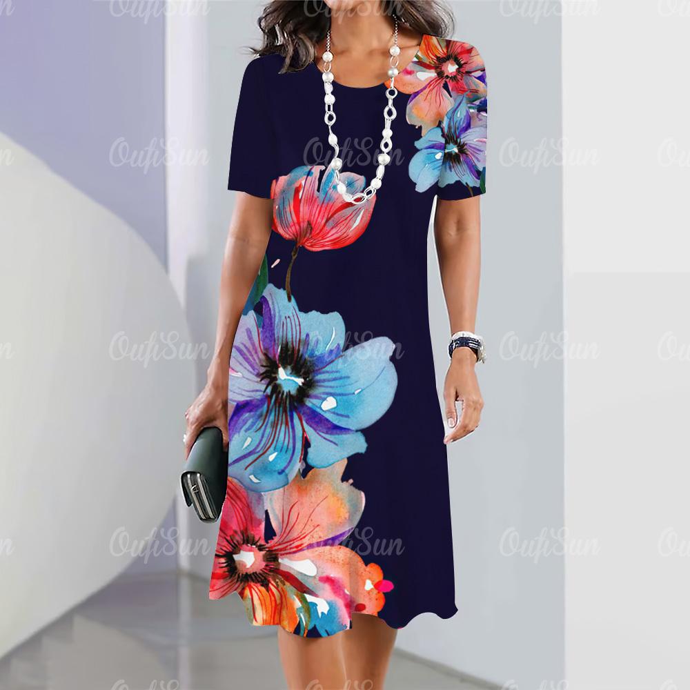 Новые женские платья, элементы 3D-цветочной печати, элегантные повседневные платья с коротким рукавом, модные женские платья больших размеров 2024 года