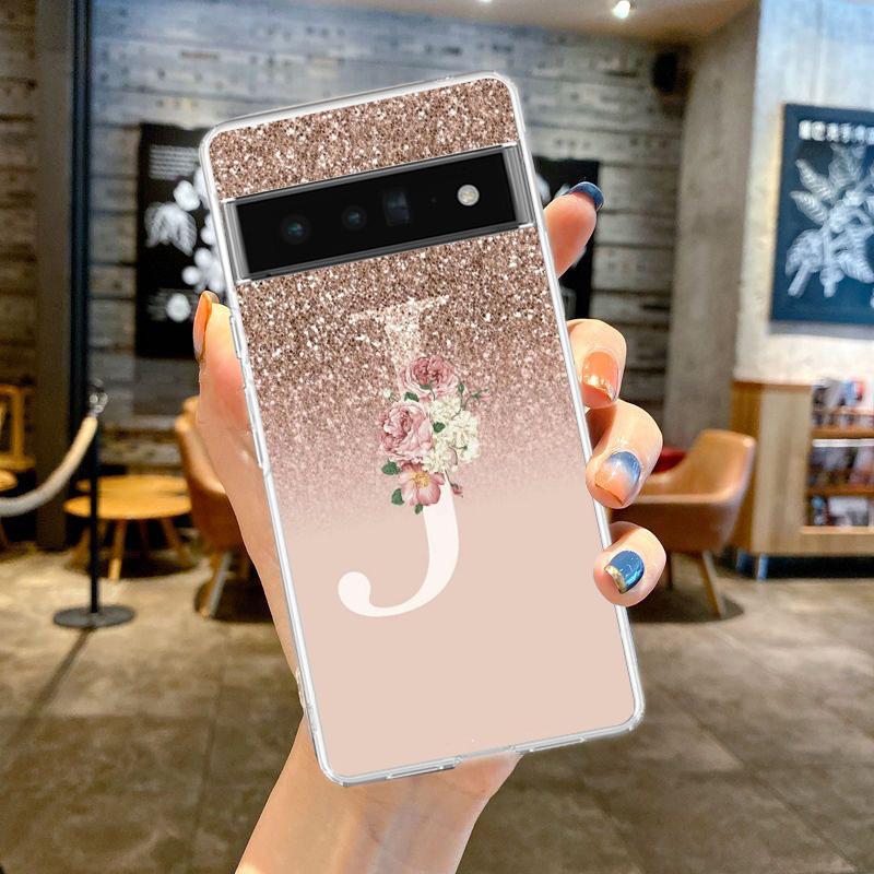 Чехол для телефона Google Pixel 9 8 7 Pro 8A 7A 6A 6 Pro XL 5 4 5A 4A 3A 5G, прозрачный, с розовой блестящей буквой M, из мягкого ТПУ