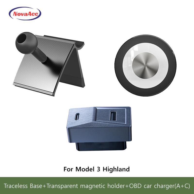 Car Magnetic Wireless Charging Phone Holder For Tesla Model Y Juniper Model 3 Highland 2021-2025 Transparent Base OBD Charger