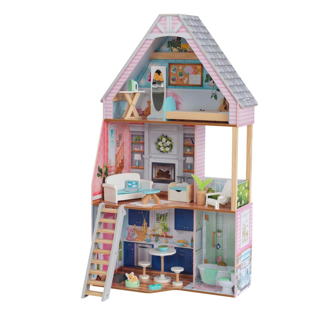 KidKraft Matilda Wooden Dollhouse EZ Kraft Balcony Movable Staircase with 23 Accessories For Ages 3 and Assembly™ Up.