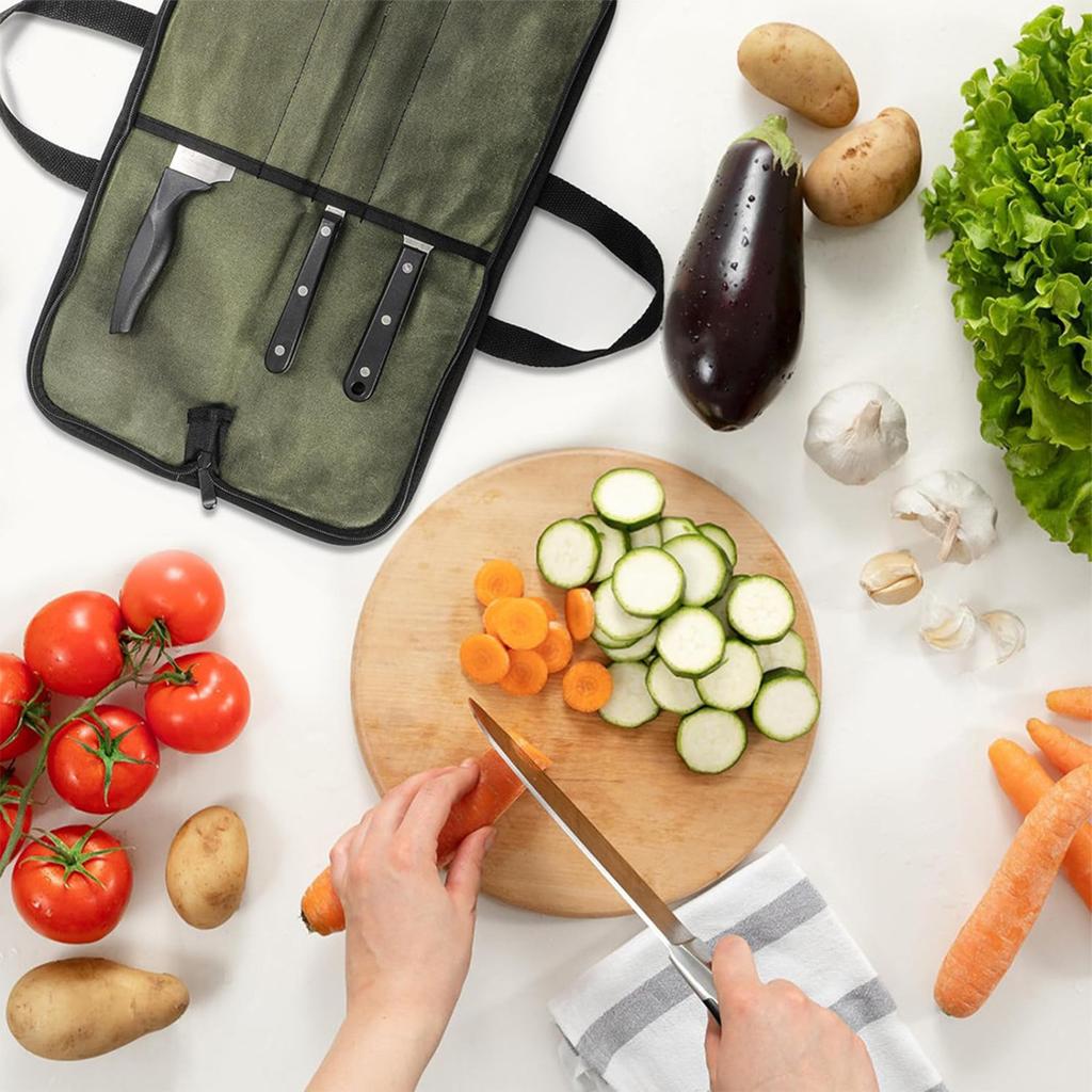 Camping Knife Roll Bag Waxed Canvas Outdoor Picnic Utensil Organizer Portable Knife Carrier