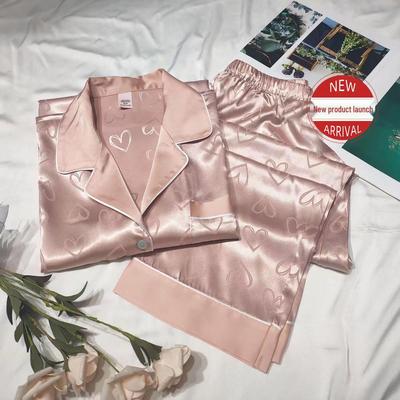 Женский жаккардовый пижамный комплект с сердечками из ледяного шелка - с длинным рукавом и брюками для осени/зимы