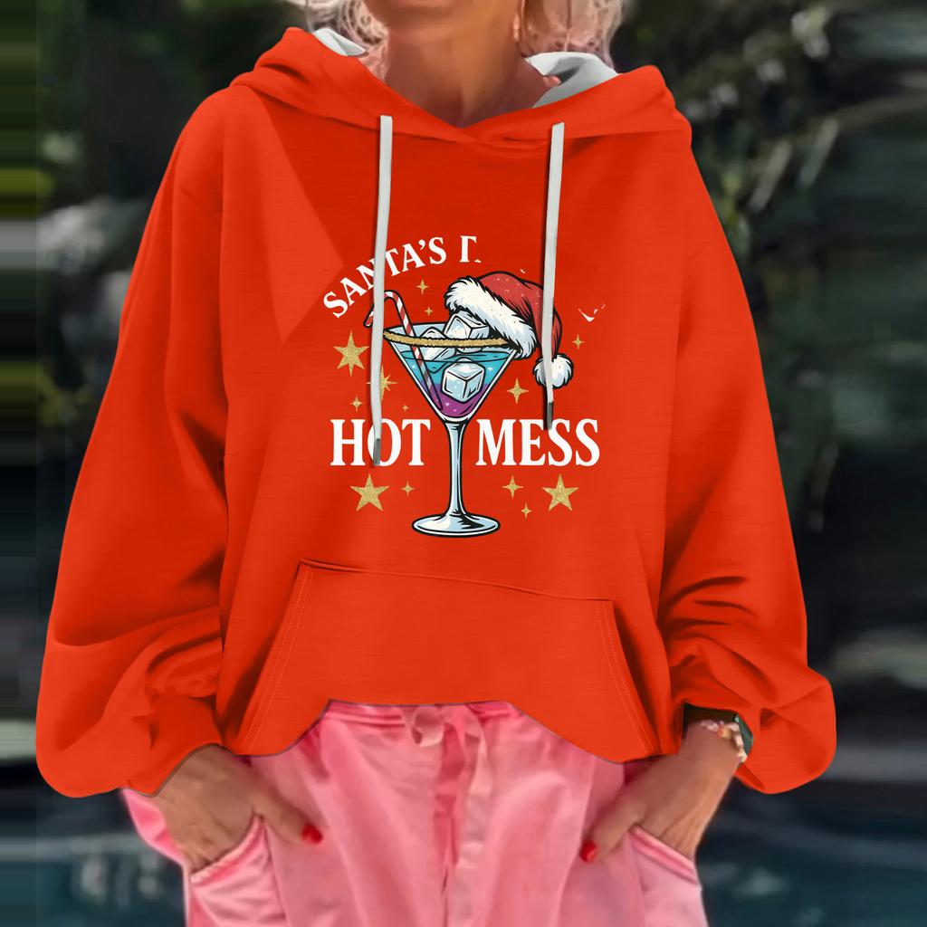 Women's Christmas Print Loose Casual Long Sleeve Hooded Sweatshirt