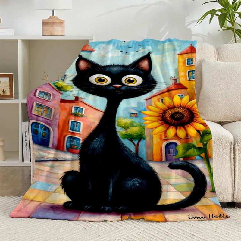 1PC Black Cat In Sunflower Town Flannel Blanket Gift, Suitable for Both Men And Women, Soft Ideal for Beds And Sofa, Birthday Or Christmas Gift