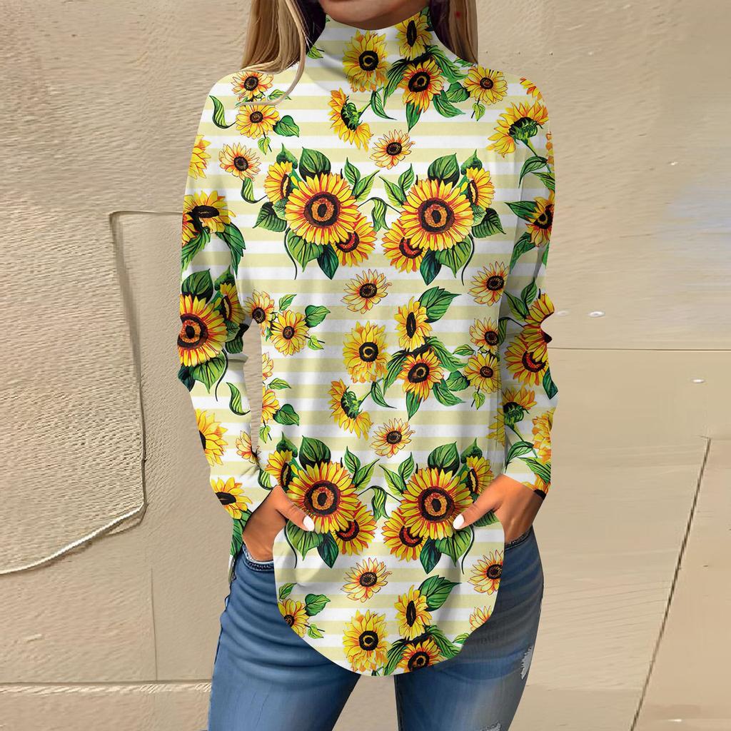 Женская модная повседневная футболка с длинным рукавом с высоким воротом и принтом, пуловер, топ