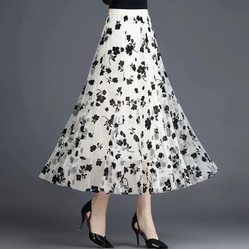 WTEMPO Сетчатые однотонные юбки с цветочным принтом, женские весенне-летние черные длинные газовые юбки, эластичные элегантные пышные юбки с высокой талией