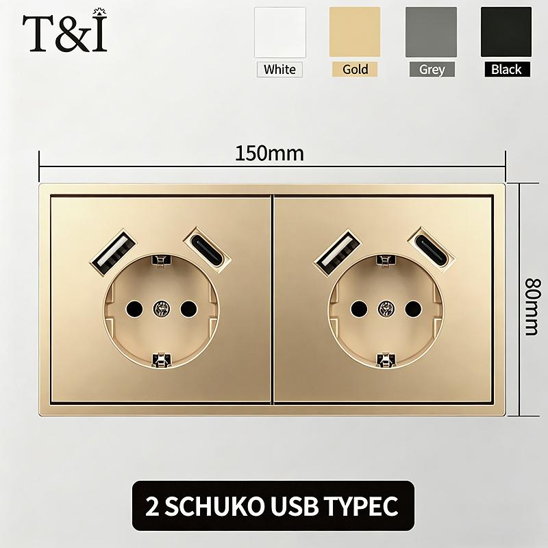Flush Mount EU Electrical Socket 16A 250V with USB Type-C Charging 1/2 Gang Switch, 80x80mm Golden Panel for European Standard