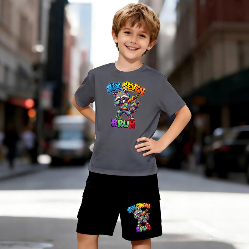 Boys 2 Piece Graffiti-style Raccoon Number 67 Print Outfit, Short Sleeve T-Shirt and Shorts Set for Kids Age 5-14,White Sporty Casual Summer Clothes