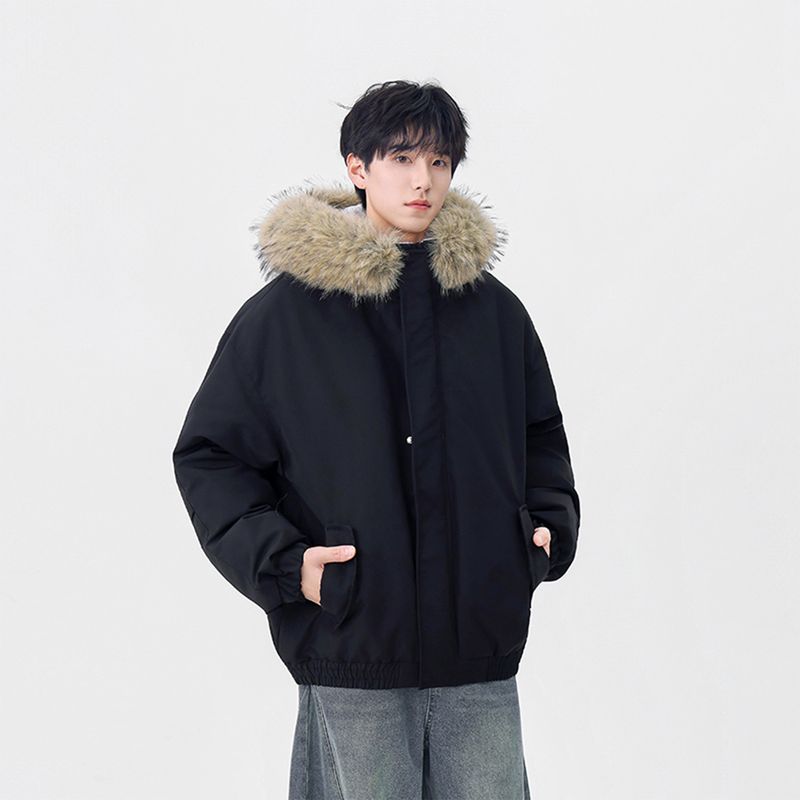 51 Hip-Hop American Retro Lazy Style Large Fur Collar Workwear Cotton Jacket for Men, Winter Thickened Warm Loose Cotton Coat