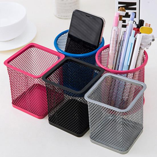 Round/Square Iron Mesh Pen Holder Office Desktop Pencil Stationery Box Case